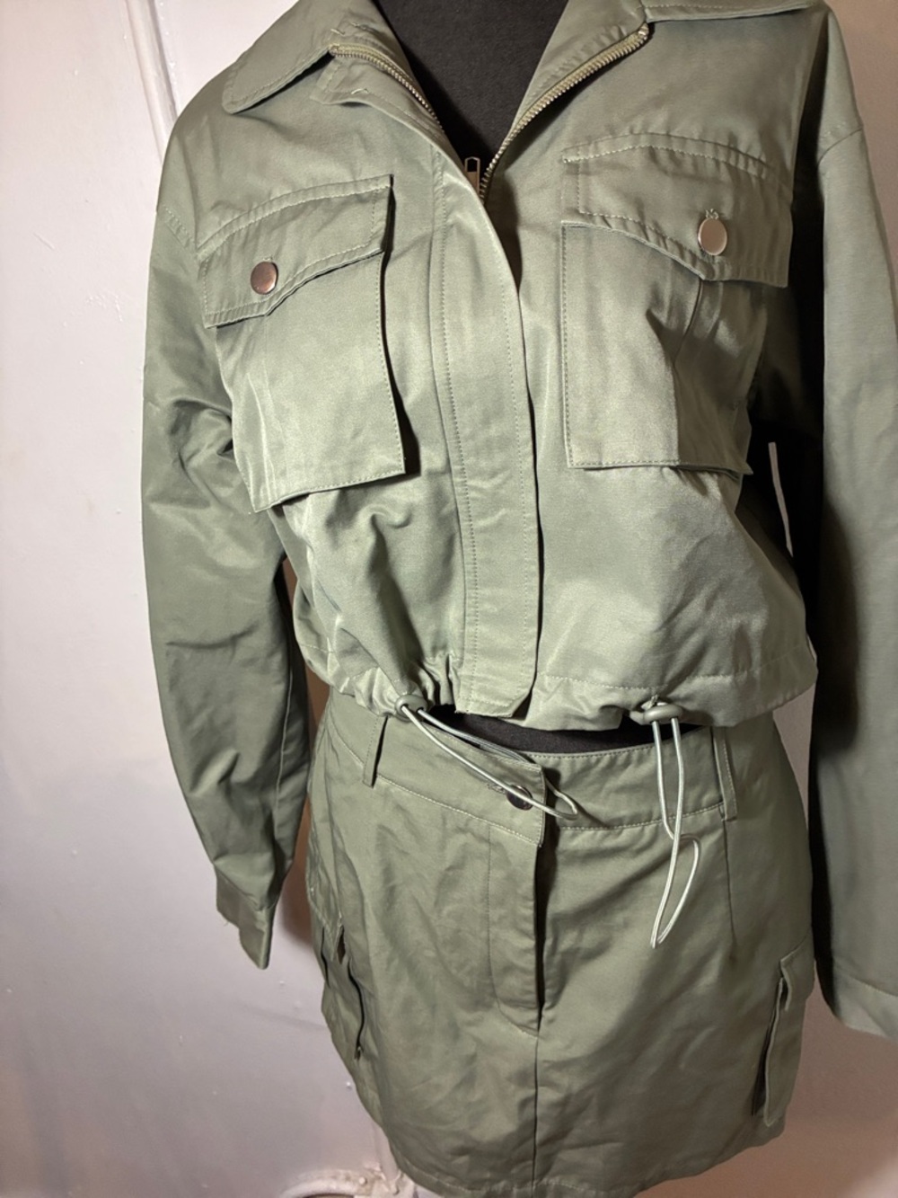 SHEIN Olive Green Utility Zip Jacket with Drawstring Waist